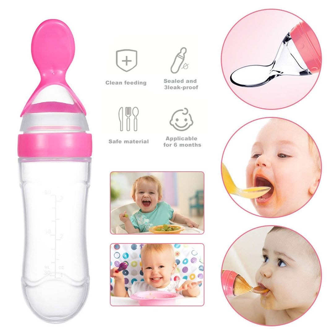 90ml Feeder With Spoon – Soft Silicone Baby Feeding Bottle With Spoon Dispenser For Easy And Mess Free Feeding (Random Color)