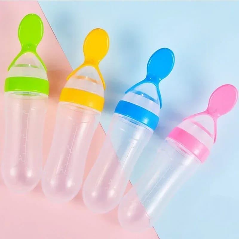 90ml Feeder With Spoon – Soft Silicone Baby Feeding Bottle With Spoon Dispenser For Easy And Mess Free Feeding (Random Color)