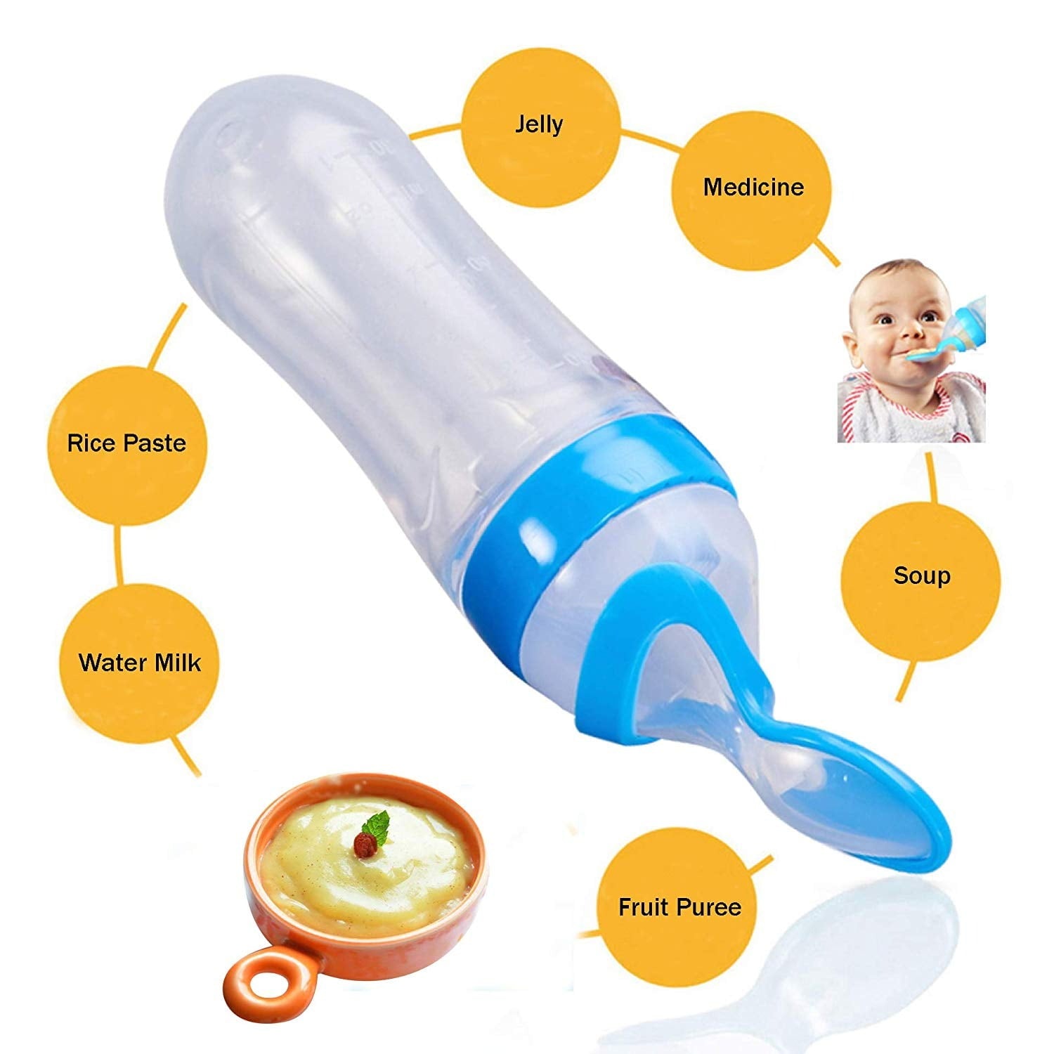 90ml Feeder With Spoon – Soft Silicone Baby Feeding Bottle With Spoon Dispenser For Easy And Mess Free Feeding (Random Color)