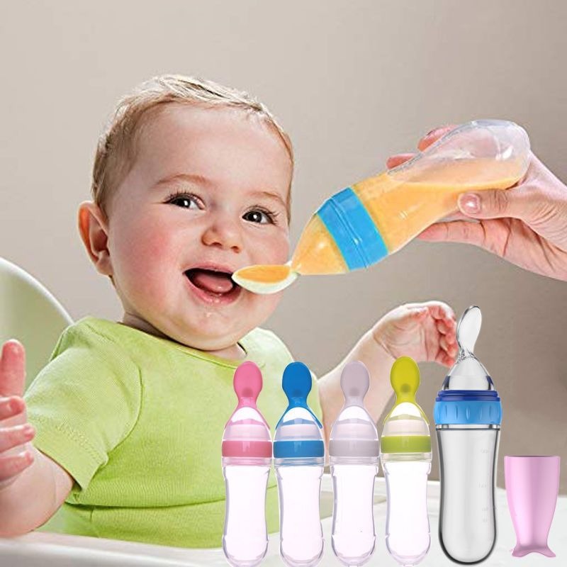 90ml Feeder With Spoon – Soft Silicone Baby Feeding Bottle With Spoon Dispenser For Easy And Mess Free Feeding (Random Color)