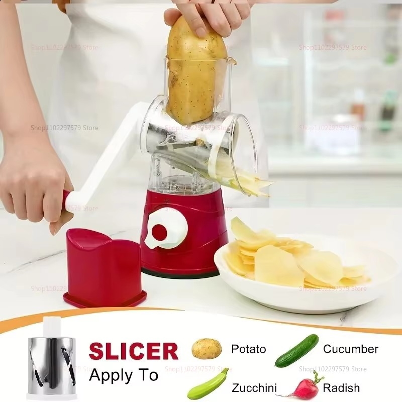 New Vegetable Cutter & Slicer Manual Kitchen Cheese Chopper Machine With 3 Sharp Drums Multifunctional Garlic Potato Shredder For Easy Food Preparation (Random Color)