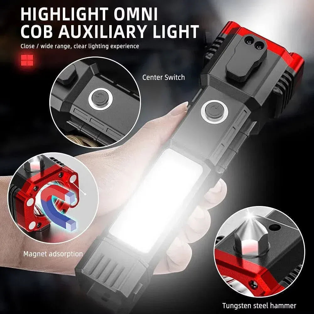 High-Power LED Torch Light – Rechargeable Flashlight with Tactical Hammer & Power Bank With Box, Random color