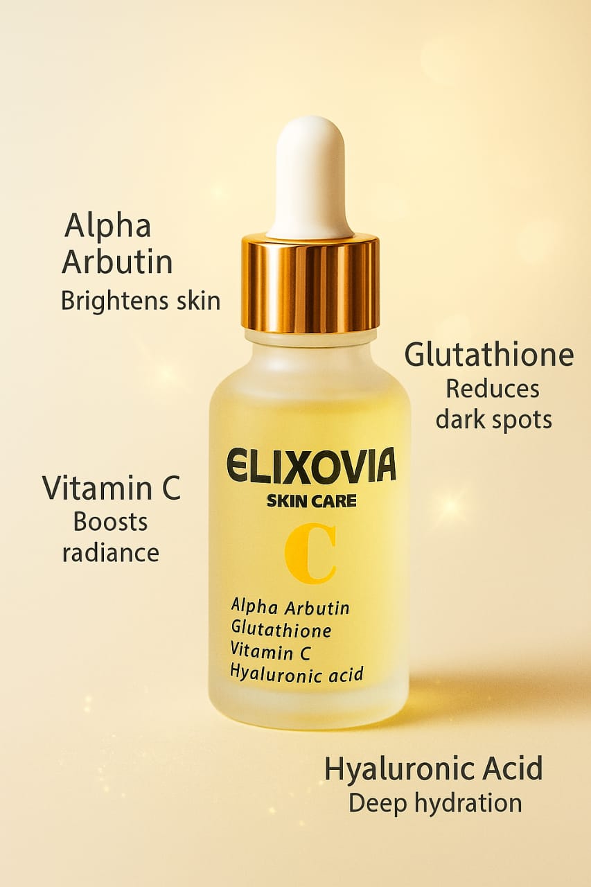 Elixovia Vitamin C Plus Face Serum – Brightening & Hydrating Formula with Alpha Arbutin, Glutathione & Hyaluronic Acid (30ml)