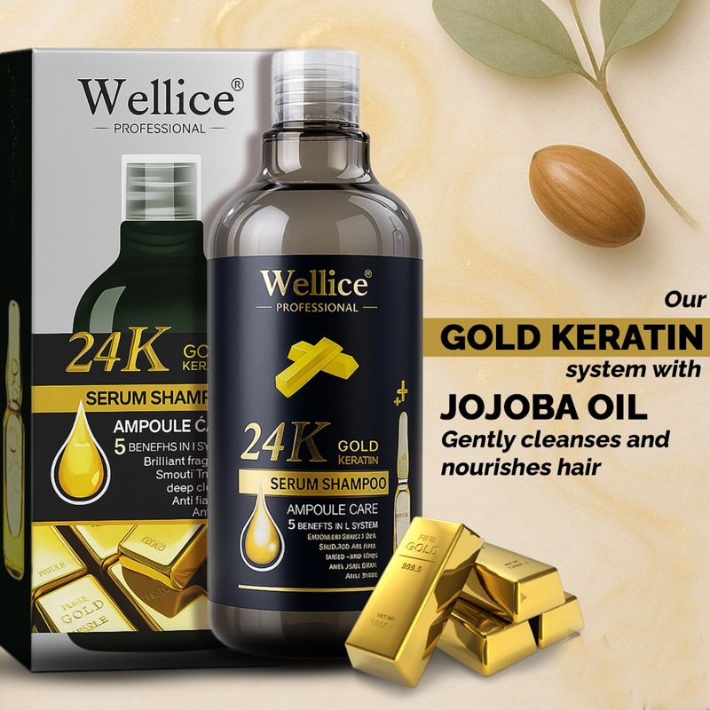 Original wellice 24k Gold Keratin Serum Shampoo. Brillient Fragrance. Smooth The hair. Deep Cleanse. Anti Hair Loss. Anti Frizz
