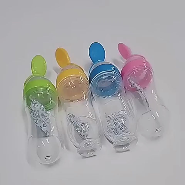 90ml Feeder With Spoon – Soft Silicone Baby Feeding Bottle With Spoon Dispenser For Easy And Mess Free Feeding (Random Color)